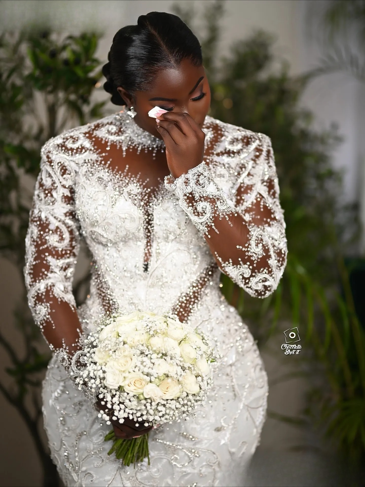 Aso Ebi Plus Size Ivory Mermaid Wedding Dress Lace Beaded Crystals Fulle Sleeves Sheer Neck Bridal Gowns Dresses 1230