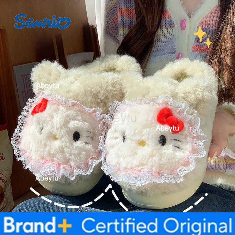 Sanrio Kids Slippers House Shoes Cartoon Cat Cotton Winter Shoes For Girls Anti-slip Soft Bottom Warm Green Pink Shoes Size 36-41 H251230