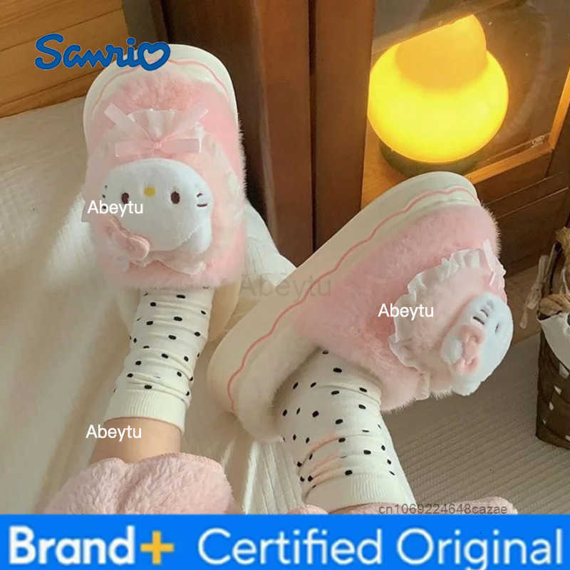 Sanrio Hello Kitty Kuromi Cute Cartoon Cotton Slippers Female Winter Students Warm Home Shoes Korean Version Trend Sweet Plush Slippers H251230