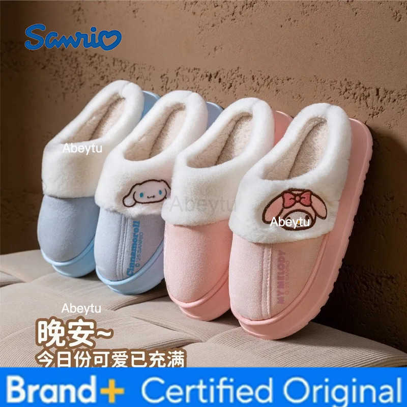 Sanrio Cartoon Warm Cinnamoroll Kuromi My Melody Anime Thick Sole Cotton Slippers Kawaii Girls Winter Comfort Home Indoor Shoes Casual H251230