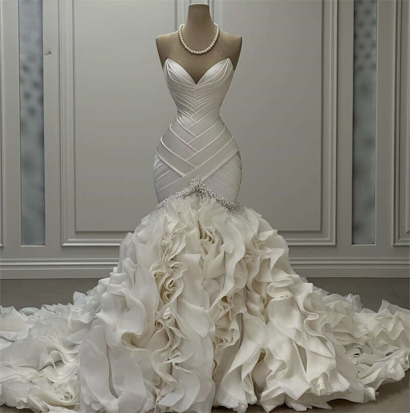White Ivory Customized Princess Ruffles Tiered Organza Satin Wedding Dresses Mermaid Long Arabic Bridal Gowns With Ruched Tier Ruffle Skirt Luxury Robes BC19785