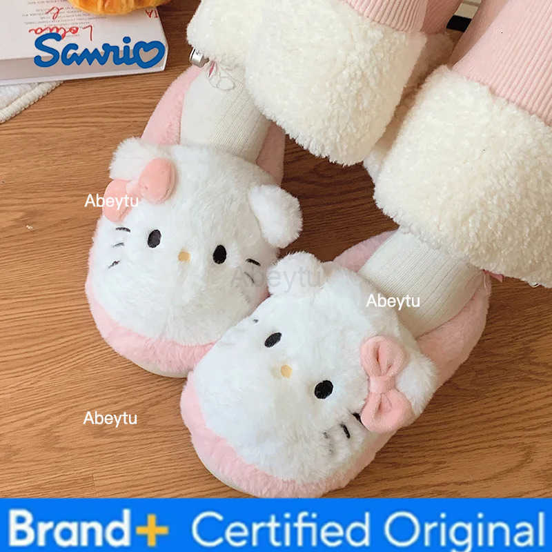 Sanrio Cartoon Women Plush Slippers Hello Kitty Home Anti Slip Autumn Winter Cute Girls Warm Home Indoor Cotton Slippers Gift H251230