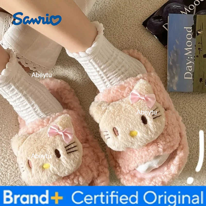 Sanrio New Hello Kittys Cartoon Plush Cotton Slippers Flat Bottomed Non-slip Autumn and Winter Fluffy House Shoes Girls Gift H251230