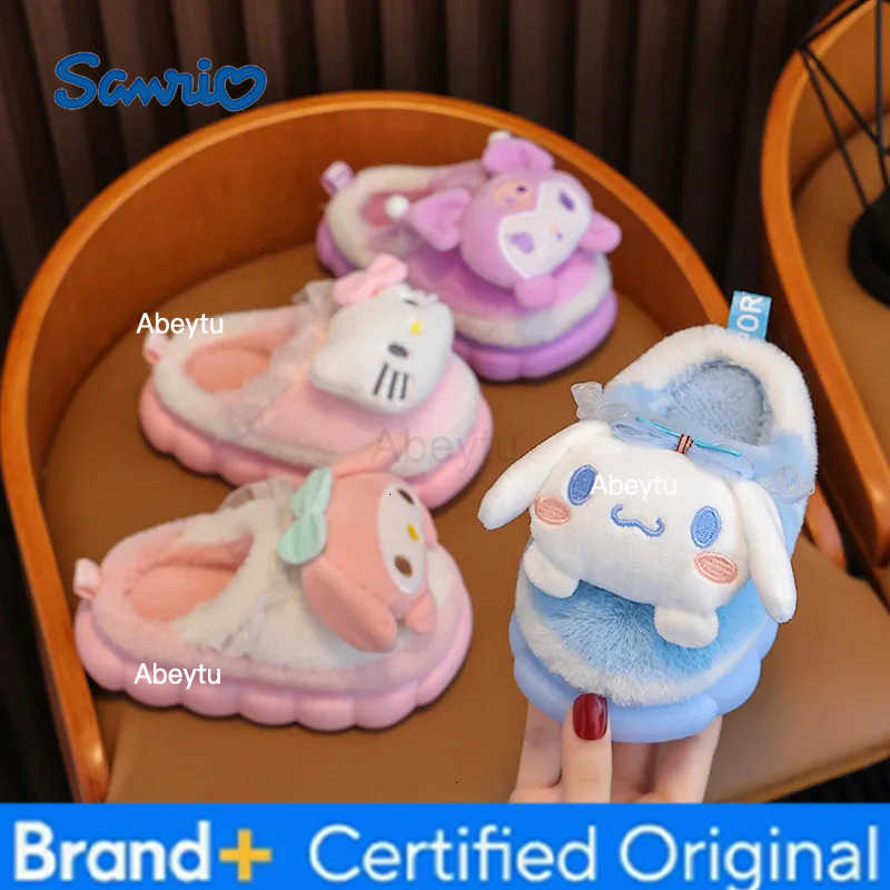 Sanrio Childrens Slipper for Girls Cute Cartoon Kuromi Toddler Home Cotton Shoes Winter Fashion Kids Causal Plush Slippers Soft Bottom H251230