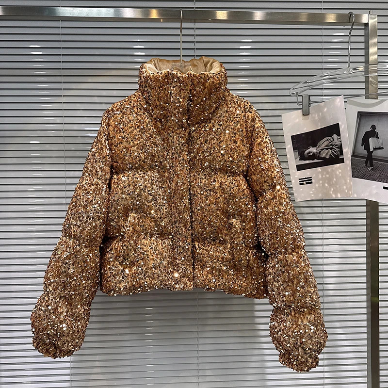 DEAT Winter Fashion Heavy Industry Colorful Sequin Stand Collar Warm Jacket For Women Cotton-padded Coat 11A07258 251226 - view 5