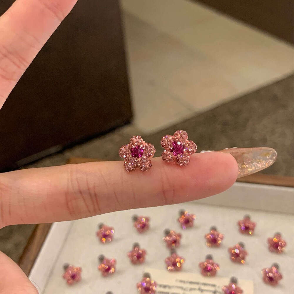 Earrings Sweet Sparkling Full zircon Small Pink Flower Simple Fashion Versatile High Value Cute Exquisite Earring for Women