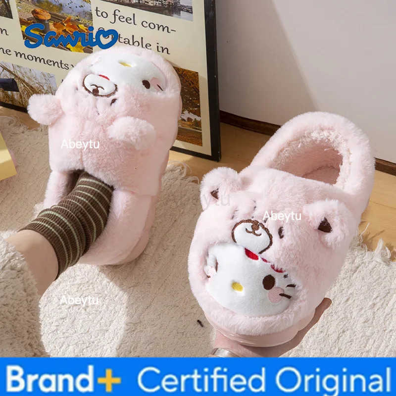 Sanrio Sanrios Include Heel Cotton Slippers Girl Winter Kuromi Hello Kittys Wear Outside Indoor Home Keep Warm Velvet Cotton Shoes H251230