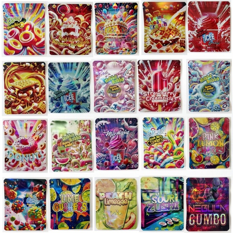 200pcs mylar bag 3.5g holographic aluminum foil resealable zipper pouch smell proof food packaging storage custom print design