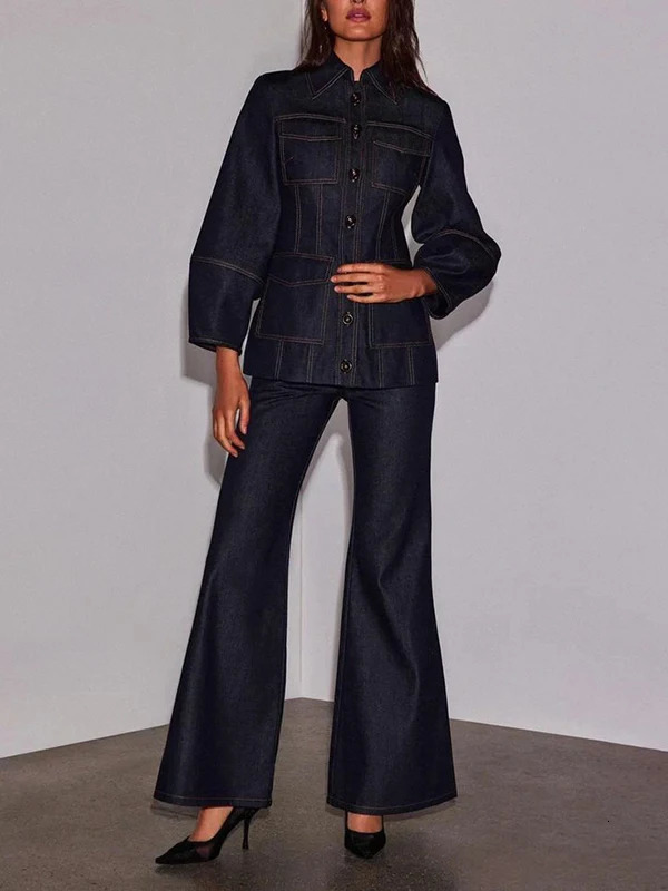 Krisstar Vintage Denim 2 Piece Pants Set Outfits Jacket and Jeans 2025 Autumn Winter Woman Pockets Denim Sets Clothing 251230