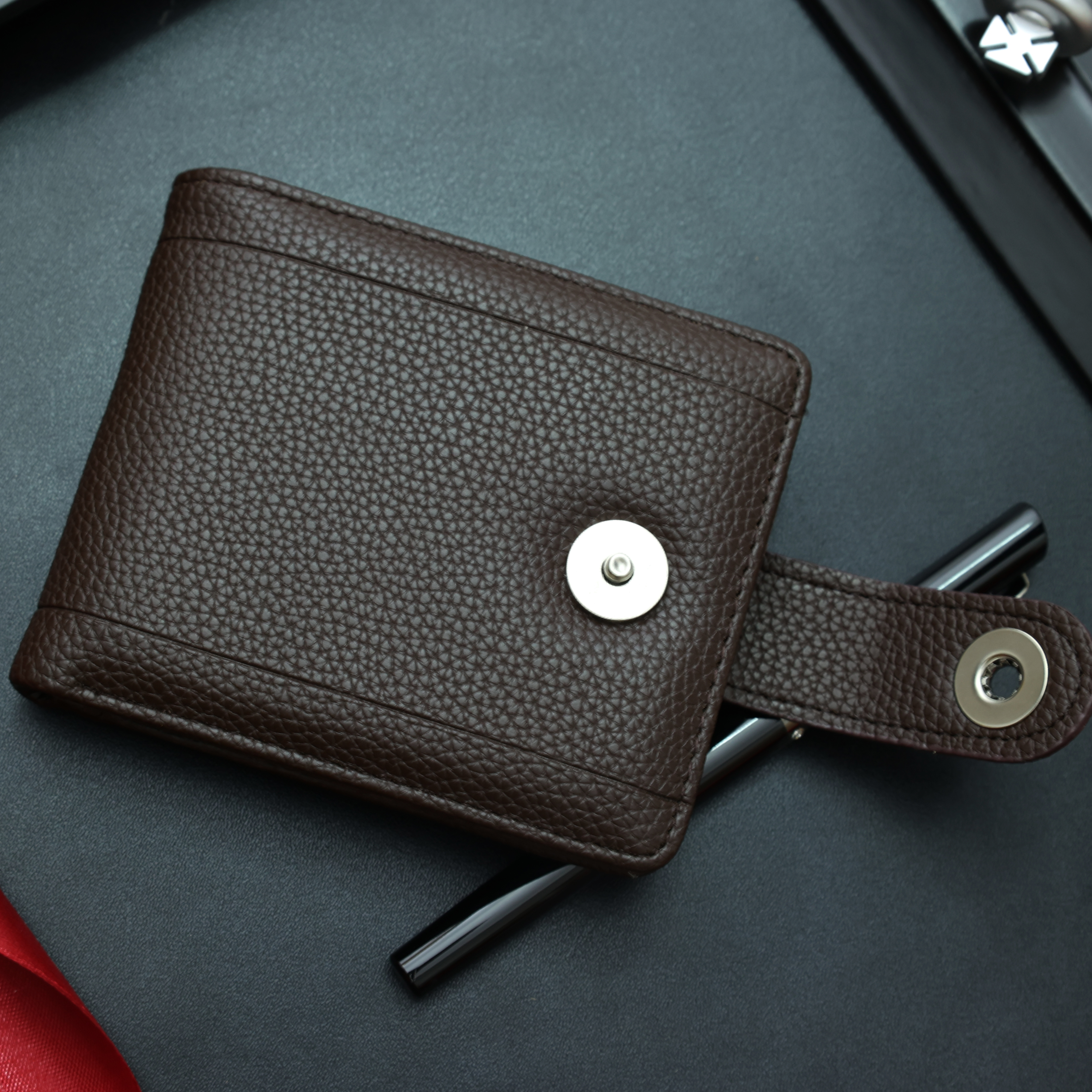 Wallets Men's Short Bifold Wallet with Metal Snap - Black/Brown Pebbled Faux Leather Card Holder (with Leather Tab) 208-19