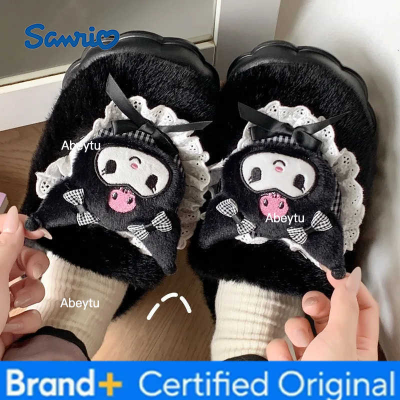 Sanrio Kawaii Kuromi Cotton Slippers Cartoon Female Kawaii Indoor Anti-Slip Shoes Winter Thicken Warm Wear-Resistant Plush Slippers H251230