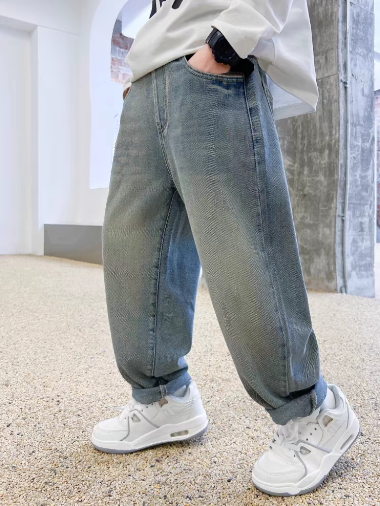 Boys' Spring and Autumn Vintage Casual Versatile Jeans Middle and Big Kids' New Straight Tube Light Color Trendy Western Soft Denim