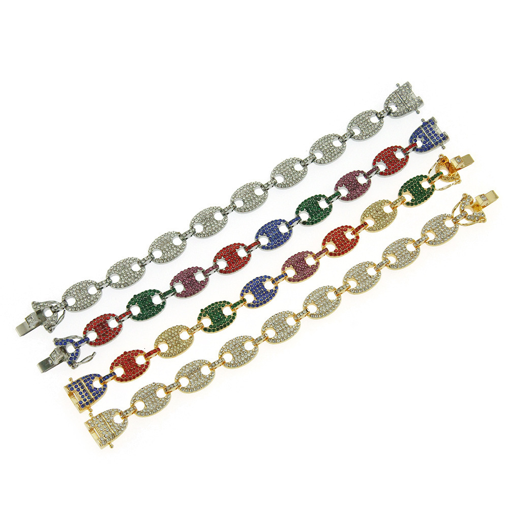 Luxury Brand Designer Jewelry European And American Hip-Hop Inlaid Colorful Diamond Pig Nose Bracelet Coffee Bean Chain Men's Hip-Hop Bracelet Ba