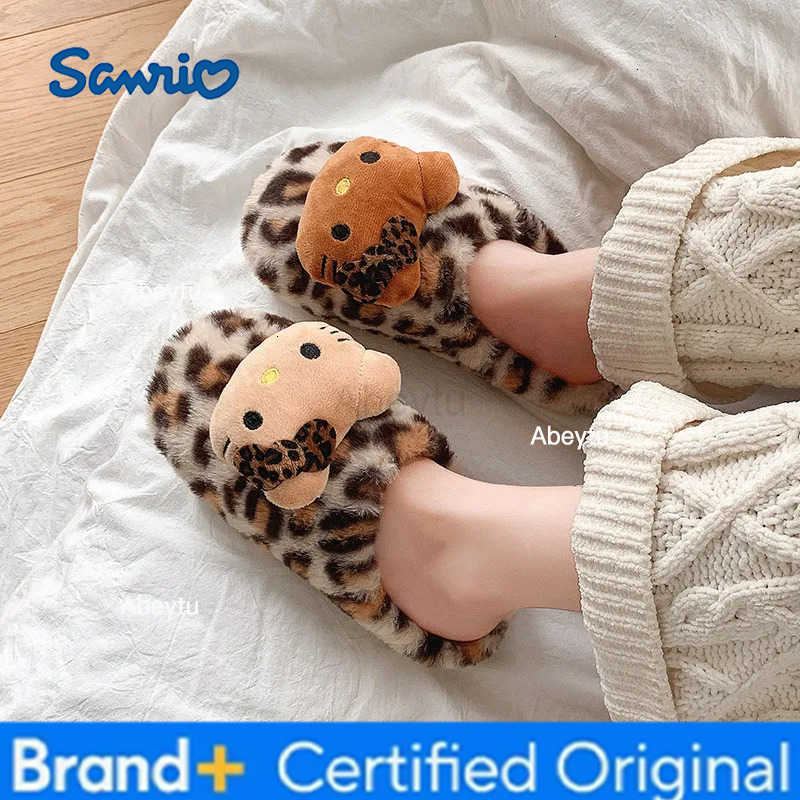 Sanrio Hello Kitty Leopard Print Stuffed Cotton Slippers Y2K Kitty Cat Winter Warmth Cotton Shoes Room Stuffed Home Slippers H251230