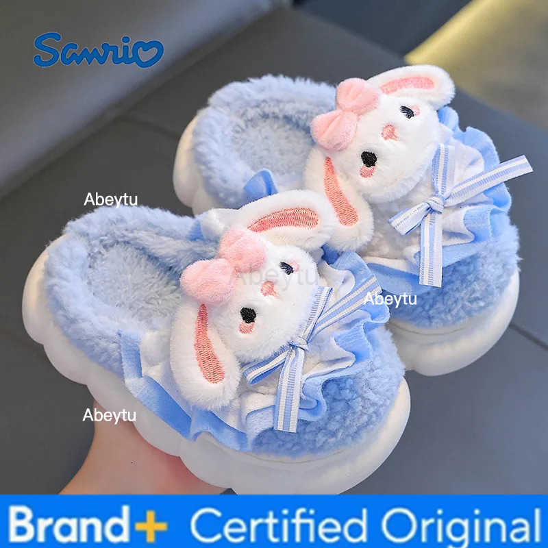 Sanrio Winter girls Indoor Cotton Slippers 2025 Cute Plush Warm Shoes Girls Rabbit Home Soft Sole Cotton bag heel Slippers 24-37 H251230