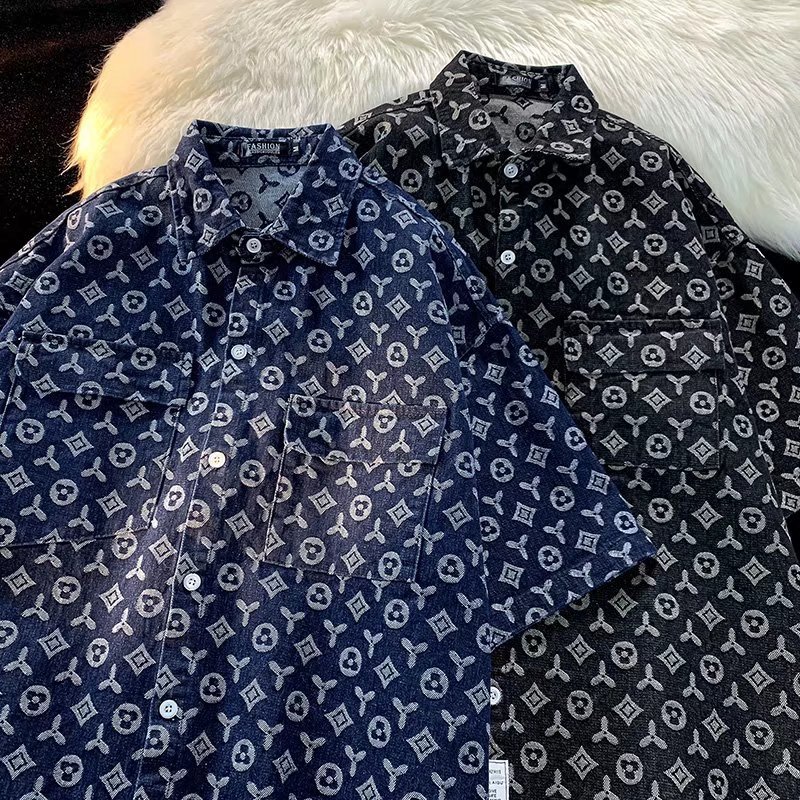 2026 summer new arrival casual men's print short sleeved shirt fashionable loose versatile simple top black blue free shipping