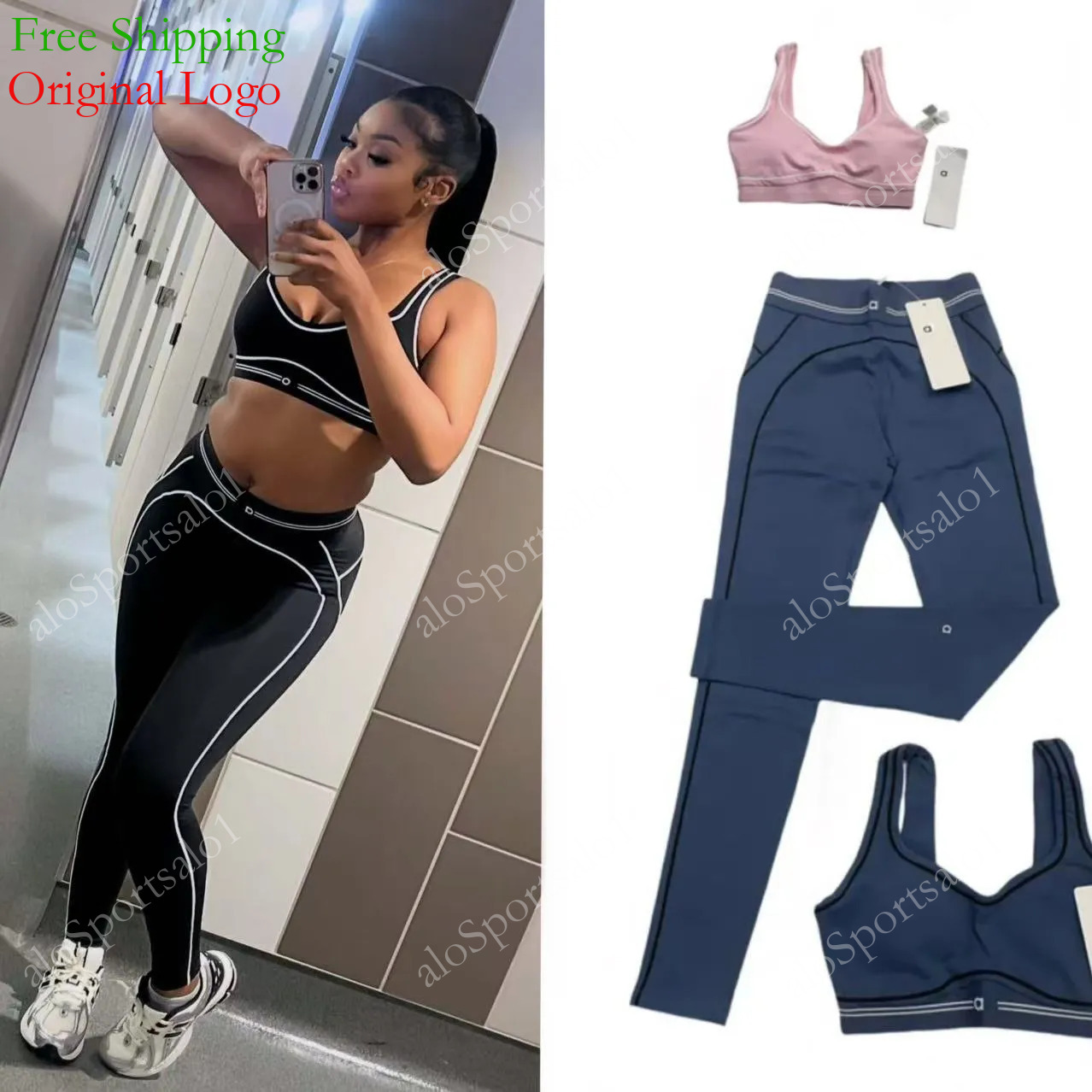 New Set Seamless Top Sports Heart Throb Bra+Leggings High End White Striped Low Back Dance Yoga Outfits Summer Women's Running Fitness Gym Pilates Muse Suit aloSport