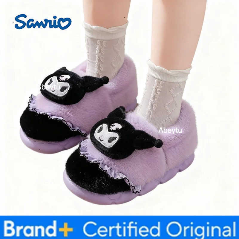 Sanrio Kids Slippers House Shoes Cartoon Kuromi With Heel Cover Winter Shoes For Girls Warm Anti-slip Pink Pruple Shoes Size 35-41 H251230