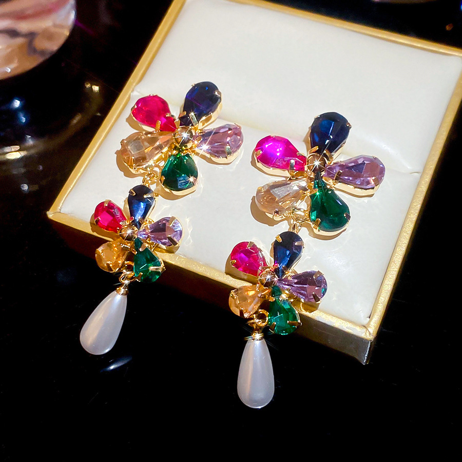Real Gold Plated Diamond-Studded Flower Pearl Stud Dopamine Light Luxury High-End Earrings European and American Cross-Border Exaggerated Ear Jewelry - view 8