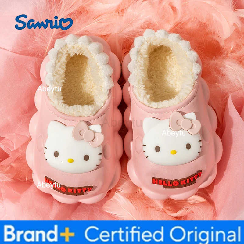 Sanrio HelloKitty Plush Cover Heel Warm Cotton Slippers Cartoon Cinnamoroll winter Kids Indoor Home Slippers Girl Gift H251230