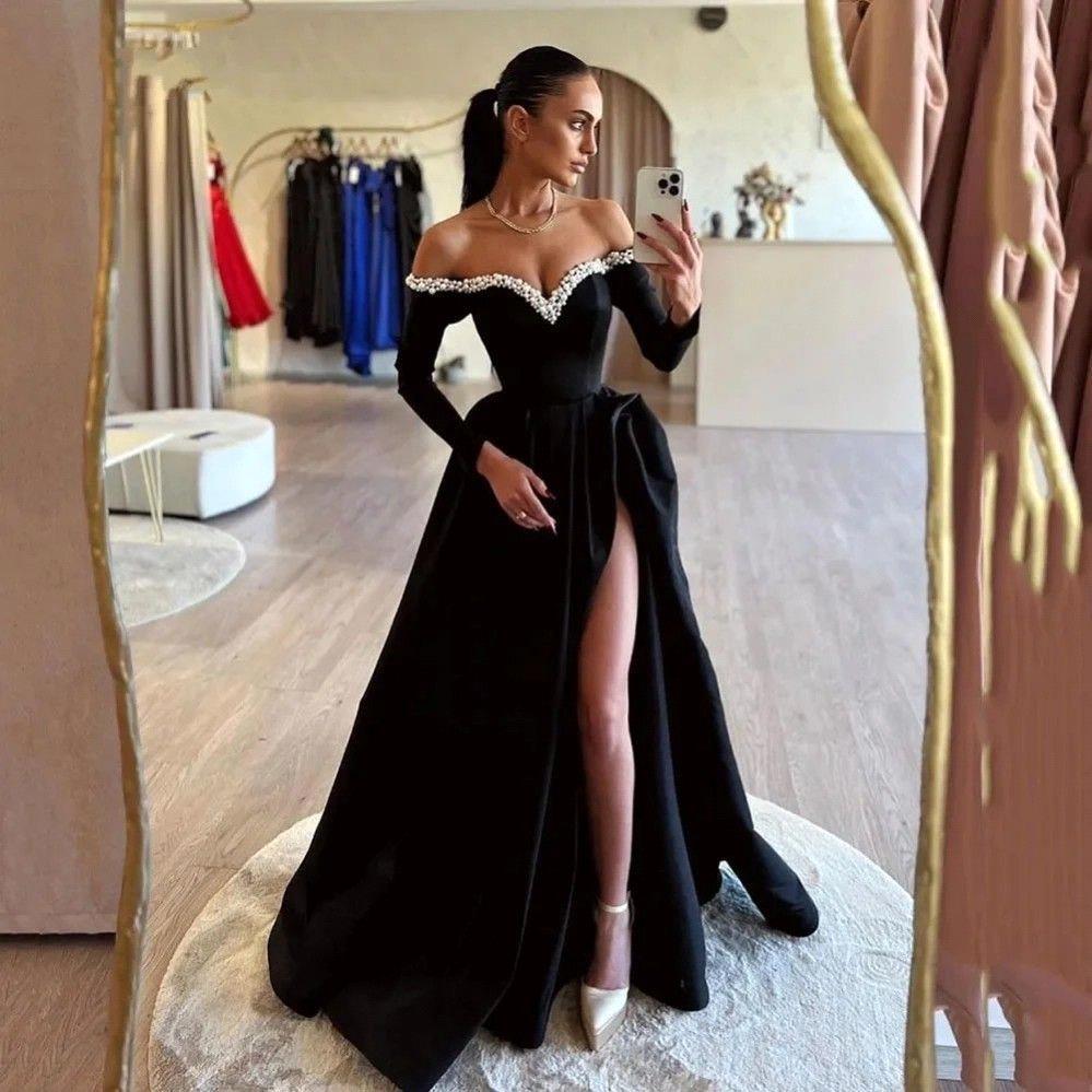 Elegant Royal Blue Prom Dresses A Line Long Sleeves Off Shoulder High Split Evening Gowns With Beads Sequins Women Formal Occasion Robes De Soiree Bc1
