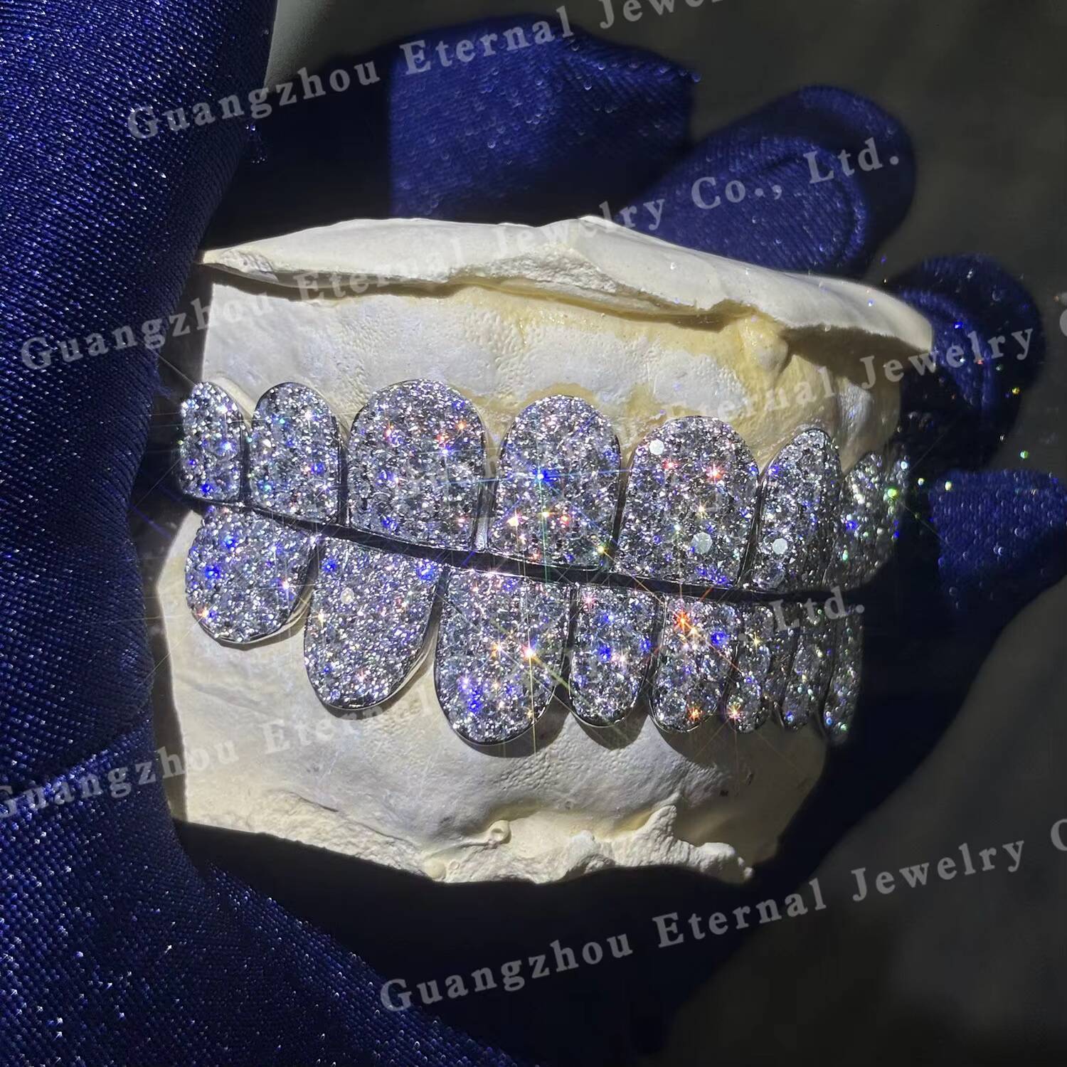 Custom Top Bottom 6 8 10 S925 Silver Honeycomb Setting Moissanite Lab Diamond Perm Cut Straight Line Solid Gold Teeth Grillz