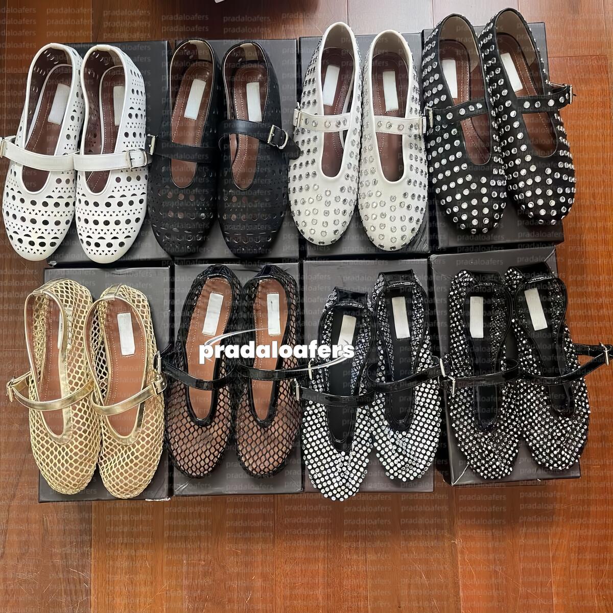 Luxury designer shoes Paris Brand alaiaism Black Ballet Flats Shoes Round Head rhinestone Boat Shoes leather riveted Mary Jane shoes rivet buckles shoes size 35-40