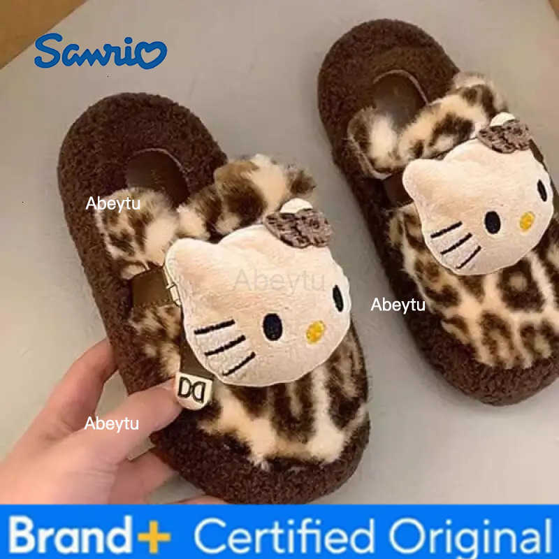 Sanrio Anime Hello Kitty Leopard Print Fur Slippers Kawaii Indoor Comfortable Non-Slip Slippers Cute Cotton Shoes Cartoon House Shoes H251230
