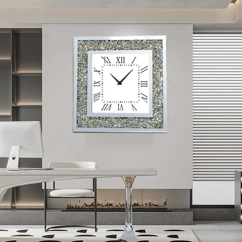LUVODI Wall Clock Mirror Clock Sparkle Bling Round Diamond Wall Clock with Silver Tawny Tinted Crystal Crushed W251028