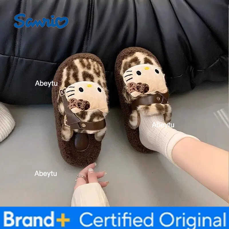 Sanrio Anime Hello Kitty Leopard Print Fur Slippers Kawaii Indoor Comfortable Non-Slip Slippers Cute Cotton Shoes Cartoon House Shoes H251230