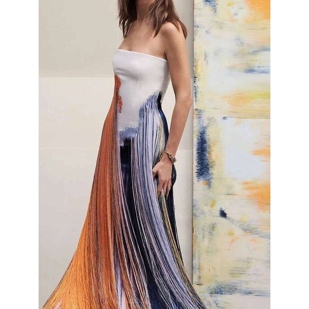 Tassel Print Tube Top Party Long Temperament Lady Sleeveless Backless Straight Leisure High Waist Summer Split Dress Luxury