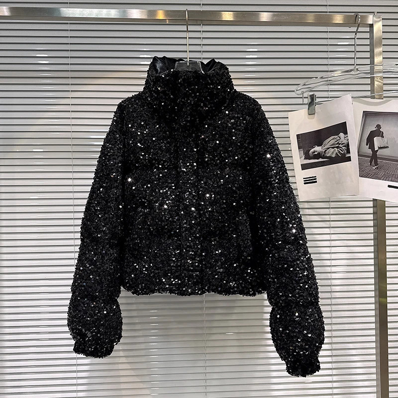DEAT Winter Fashion Heavy Industry Colorful Sequin Stand Collar Warm Jacket For Women Cotton-padded Coat 11A07258 251226 - view 4