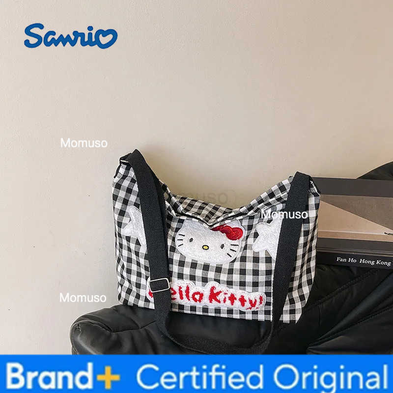 Sanrio Anime Hello Kitty Womens Shoulder Bags ladies cute cartoon plaid versatile shoulder tote bag Kawaii Canvas Handbag H251230
