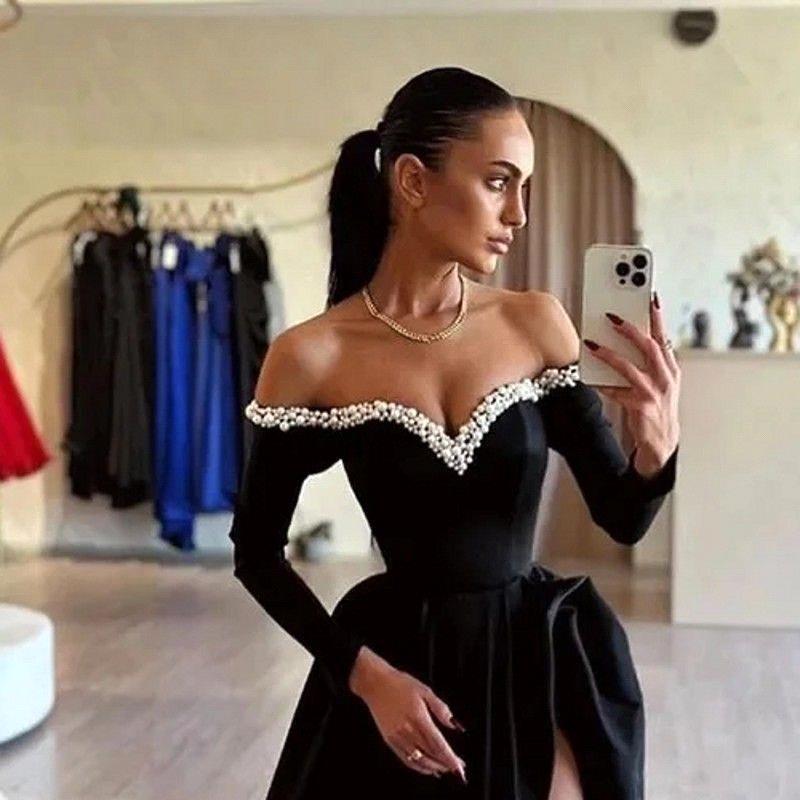 Elegant Royal Blue Prom Dresses A Line Long Sleeves Off Shoulder High Split Evening Gowns With Beads Sequins Women Formal Occasion Robes De Soiree Bc1