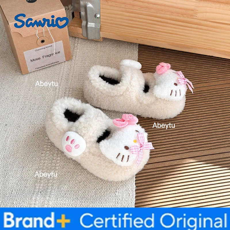 Sanrio Kids Slippers House Shoes Cotton Covered-heel Winter Shoes For Girls Anti-slip Soft Bottom Velcro Beige Gray Shoes Size 22-35 H251230