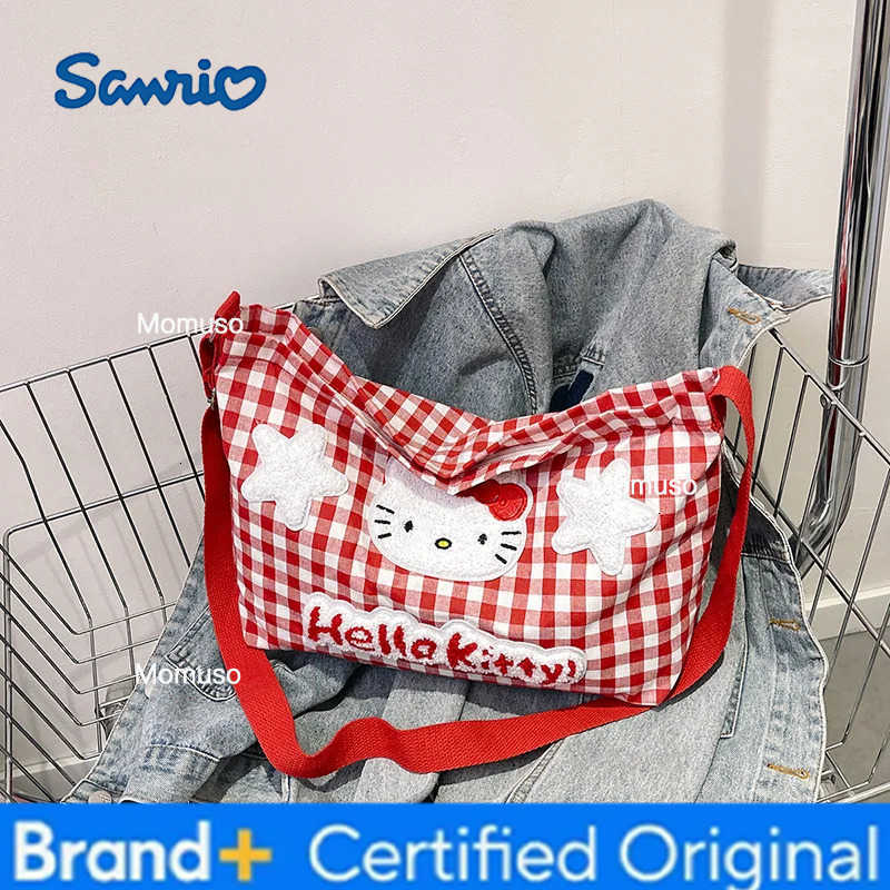 Sanrio Anime Hello Kitty Womens Shoulder Bags ladies cute cartoon plaid versatile shoulder tote bag Kawaii Canvas Handbag H251230