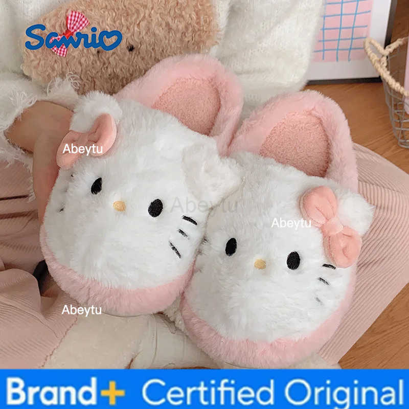 Sanrio Cartoon Women Plush Slippers Hello Kitty Home Anti Slip Autumn Winter Cute Girls Warm Home Indoor Cotton Slippers Gift H251230