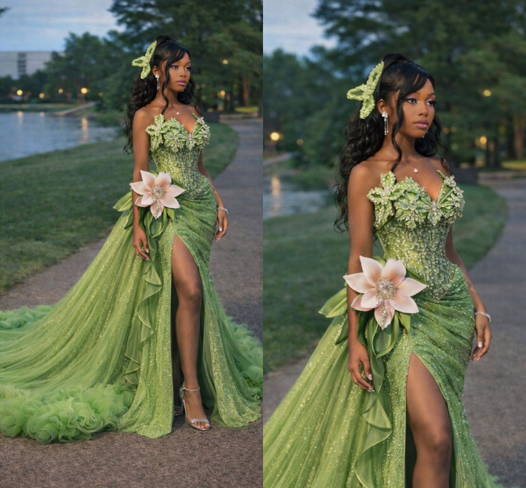 The Princess and the Frog Green Prom Evening Dresses For African Princess Sparkly Crystal Flower Sexy Split Black Girl Birthday Formal Gowns Reception Dress LG0793