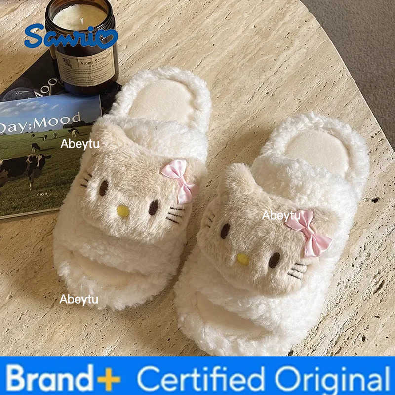 Sanrio New Hello Kittys Cartoon Plush Cotton Slippers Flat Bottomed Non-slip Autumn and Winter Fluffy House Shoes Girls Gift H251230