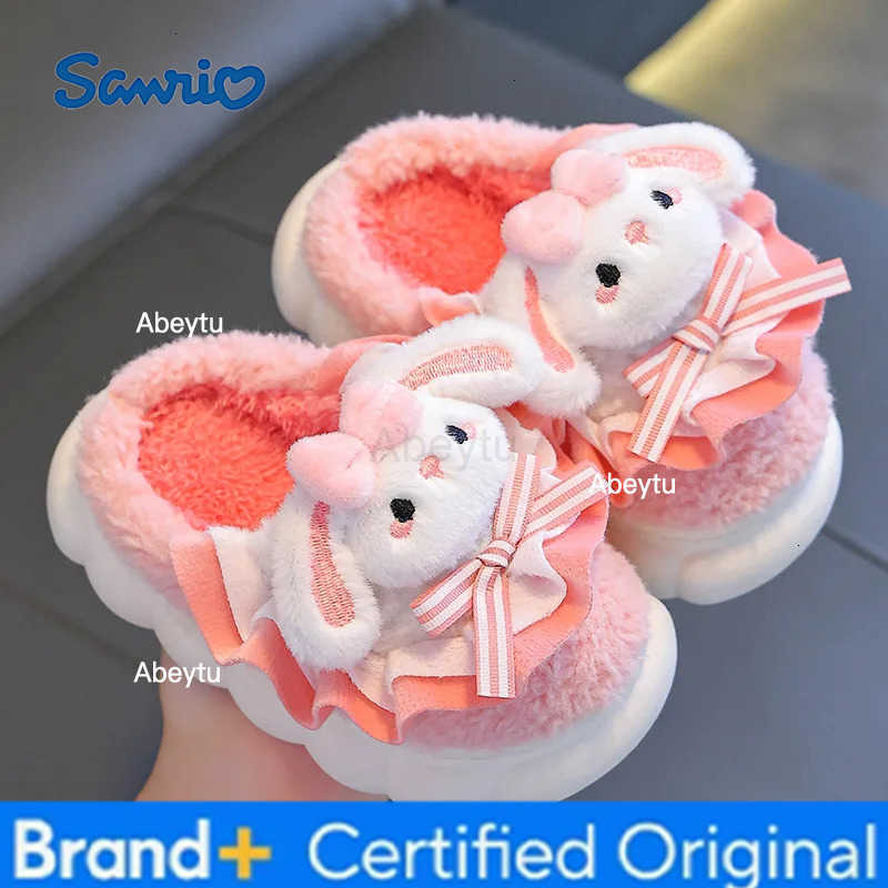 Sanrio 2024 New Winter Childrens Cotton Slippers - Cute and Warm Fleece Rabbit Fur Babys Home Cotton Slippers for Girls H251230