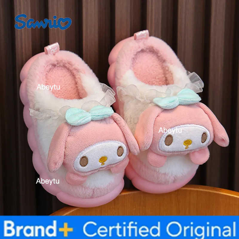 Sanrio Childrens Slipper for Girls Cute Cartoon Kuromi Toddler Home Cotton Shoes Winter Fashion Kids Causal Plush Slippers Soft Bottom H251230