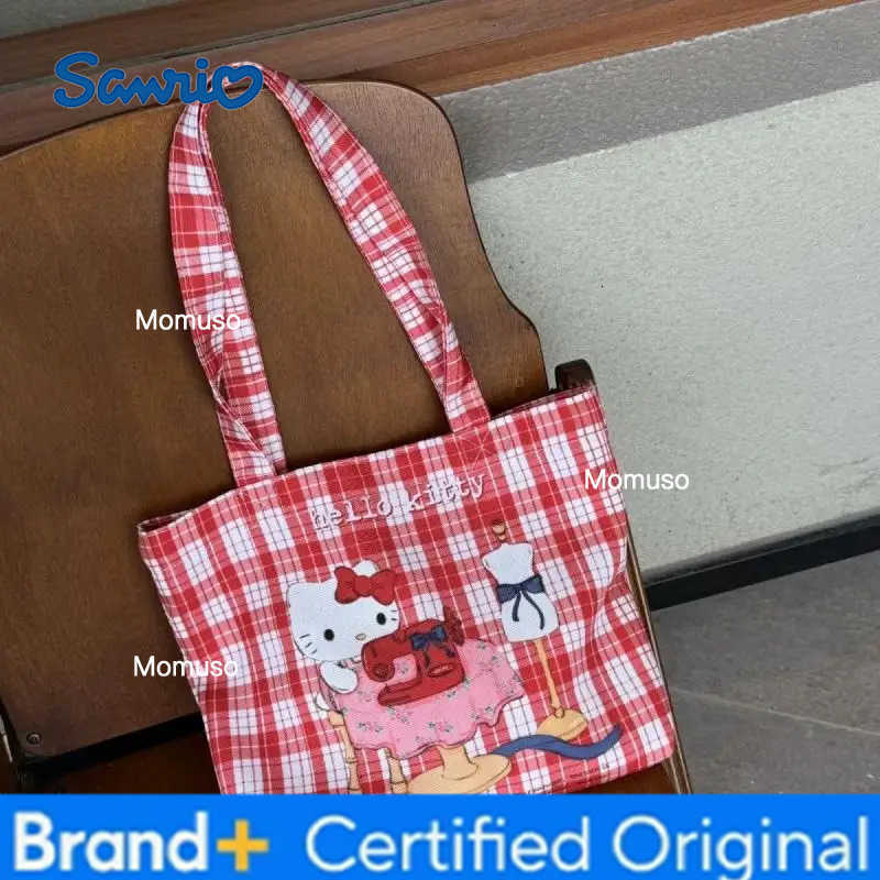 Sanrio Kawaii Hello Kitty Cute Cartoon Red Checkered Canvas Storage Bag Student One Shoulder Handbag Girl Birthday Creative Gift H251230