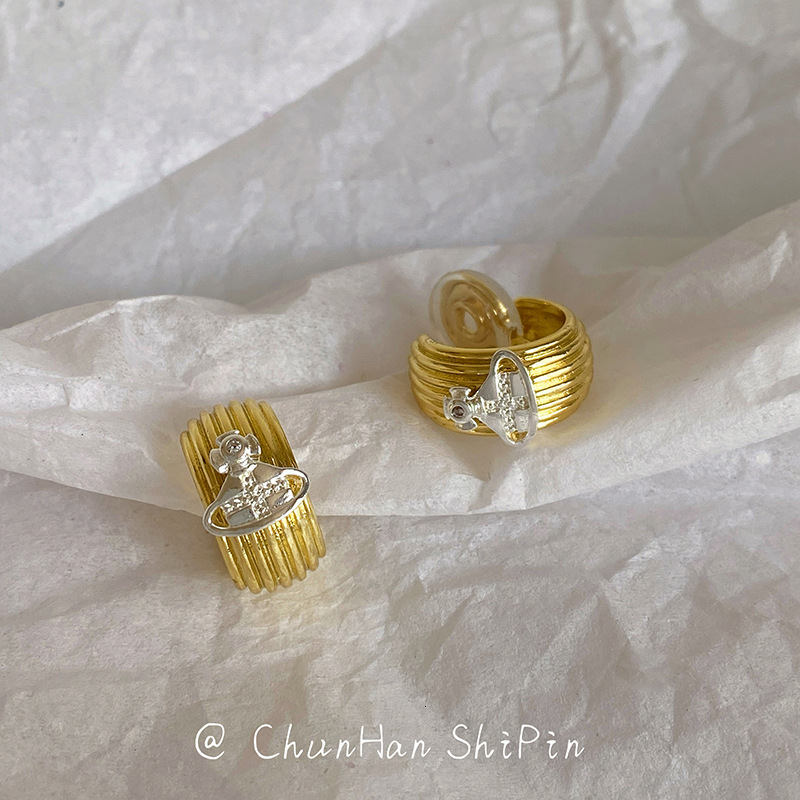 Luxury Brand Designer Jewelry Empress Dowager Style Saturn Zircon Earrings High-End Mosquito Coil Ear Clips Non-Pierced Women's Minimalist Earrin