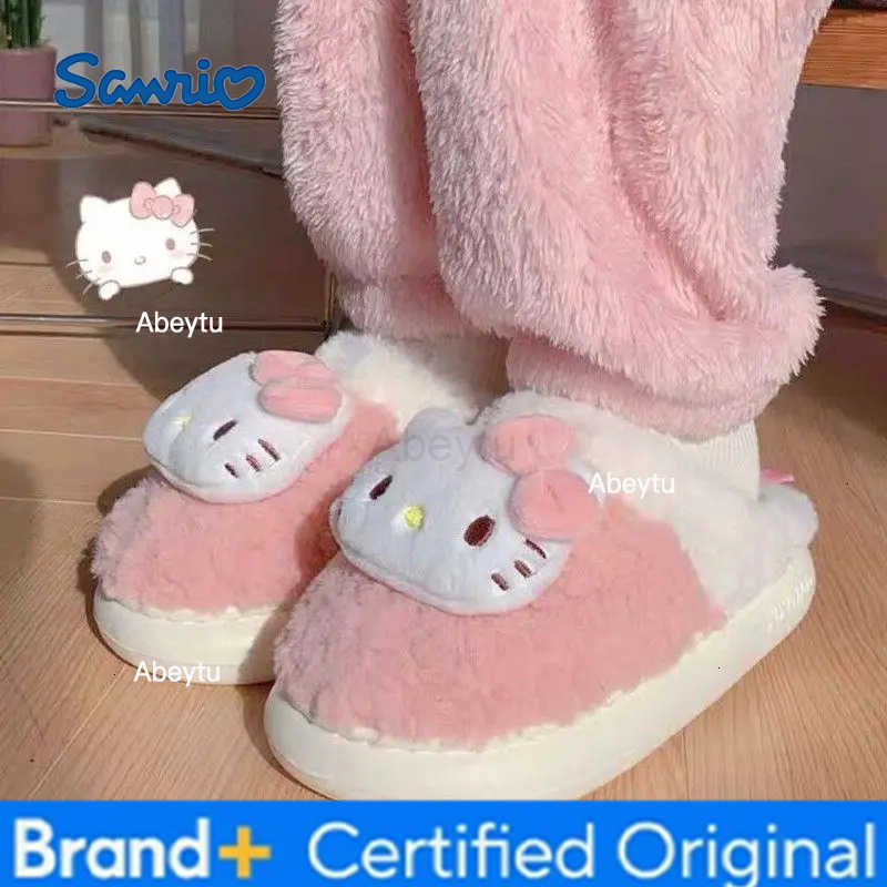 Sanrio Cute Hello Kittys Cotton Slippers Women Autumn Winter Sanrioed Thick Sole Non Slip Warm Kuromi My Melody Indoor Plush Slippers H251230