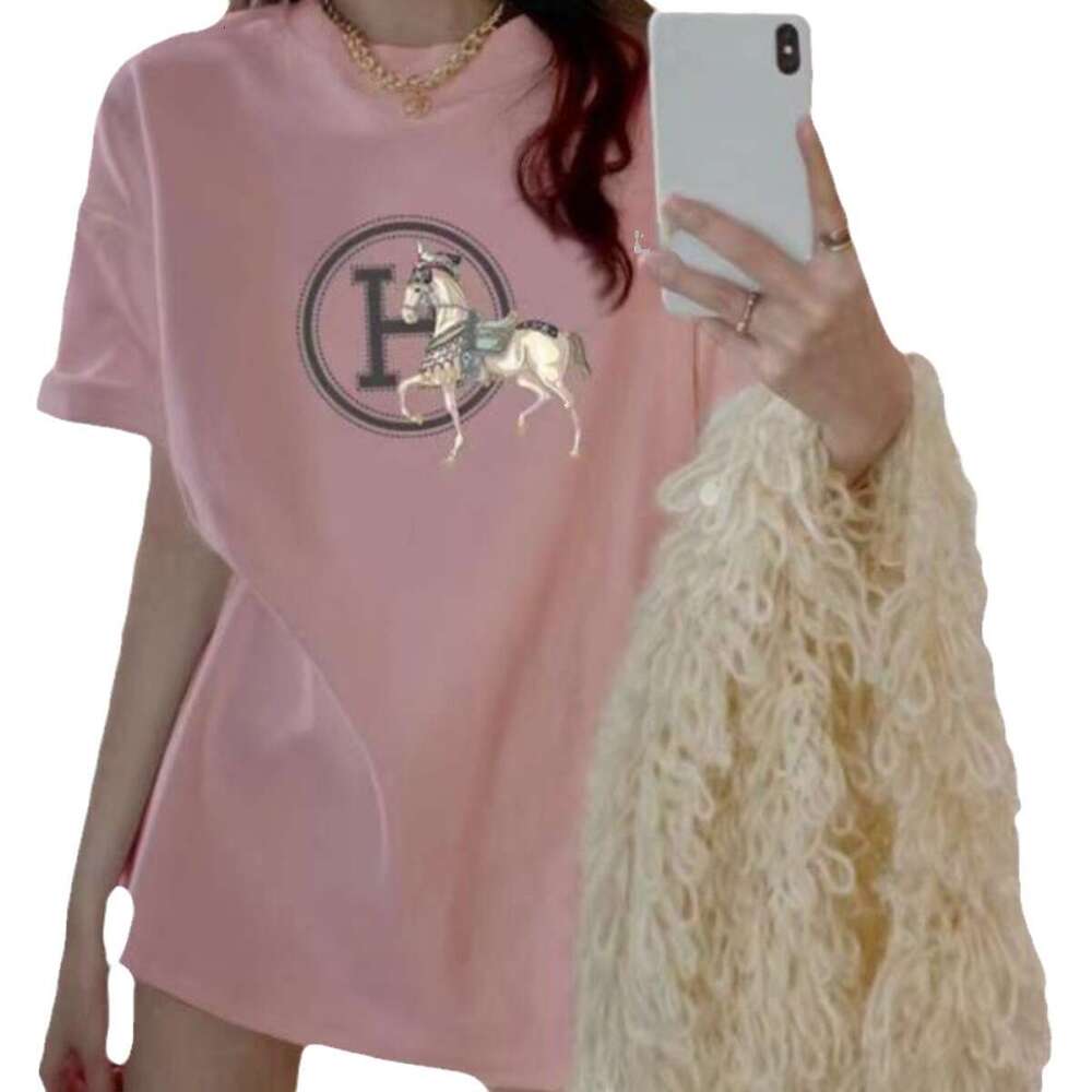Pink Cotton T-sirt Women's 2026 Designer Fashion Loose Fit Summer New Long Tailored Top Trendy Commute Wind