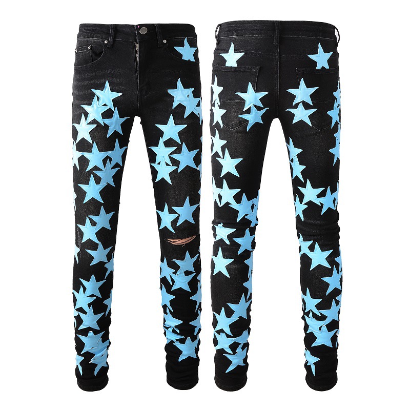 WOZK fashionable casual slim fit handsome jeans men's PU five pointed star patch splicing trend high street broken hole star designer work