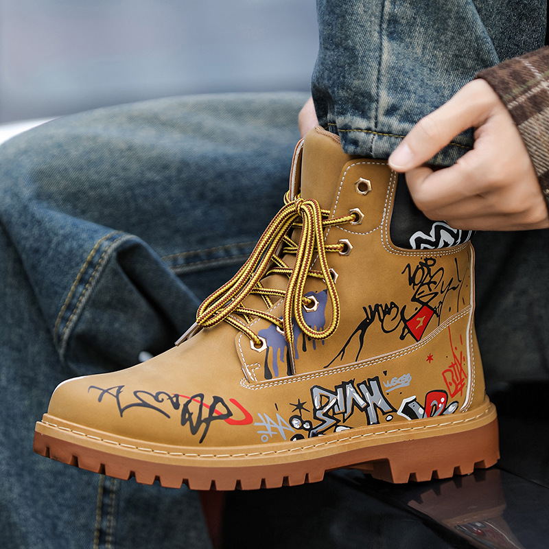 Hot new free shipping Martin Boots for mens boots yellow Fashionable and versatile PU British style denim boots graffiti Martin boots