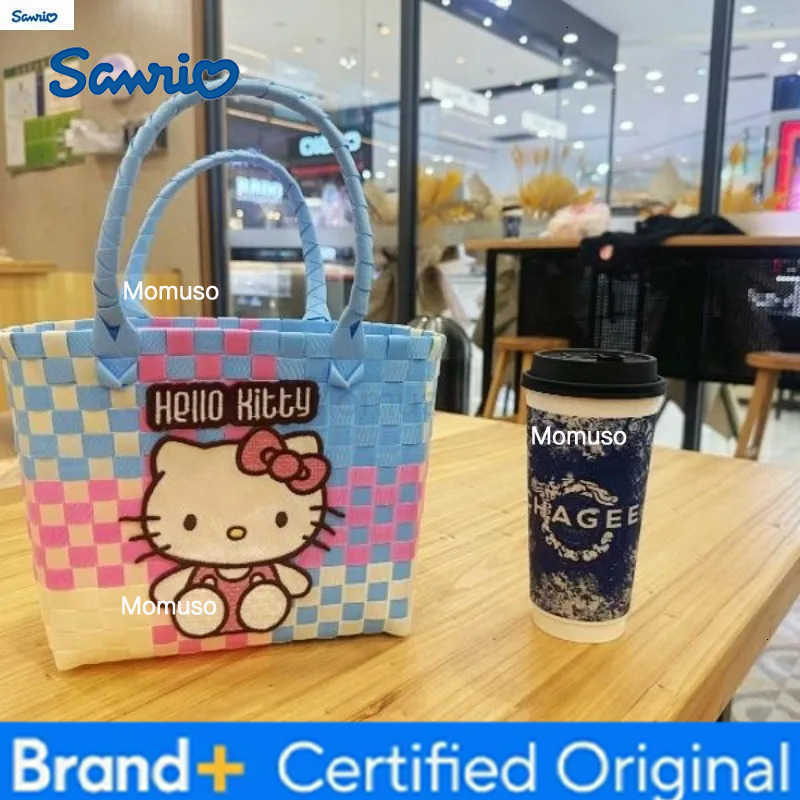 Sanrio Fashion Handmade Weaving Hello Kitty Cartoon Basket Womens Leisure Large Capacity Storage Beach Handbag H251230