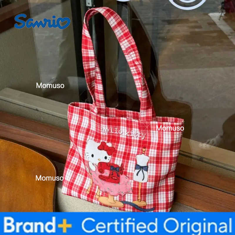 Sanrio Kawaii Hello Kitty Cute Cartoon Red Checkered Canvas Storage Bag Student One Shoulder Handbag Girl Birthday Creative Gift H251230