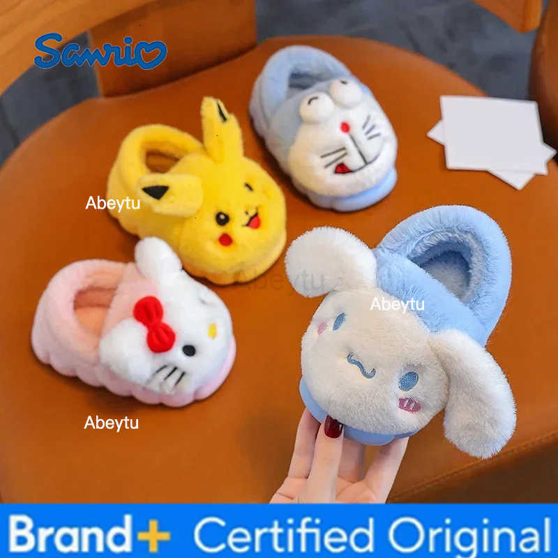 Sanrio Winter Cute Cartoon Cover Heel Childrens Plush Slippers Soft Cosy Non-slip Warm Flat Mule Boys Girls Indoor Home Cotton Shoes H251230